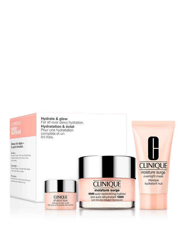 Hydrate &amp; Glow Skincare Set, 3 skincare favorites for all-over dewy hydration, including our bestselling Moisture Surge™ 100H Hydrator in full size. A $87.00 value.