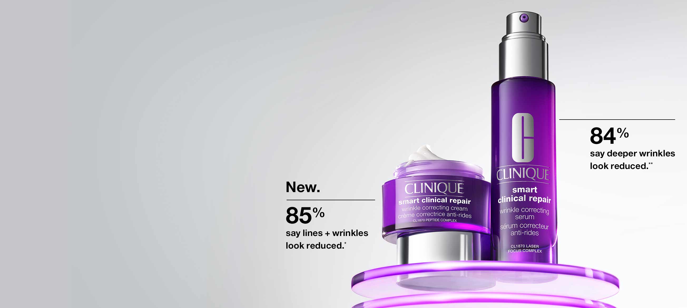 New. 85% say lines + wrinkles look reduced.* 84% say deeper wrinkles look reduced.**
