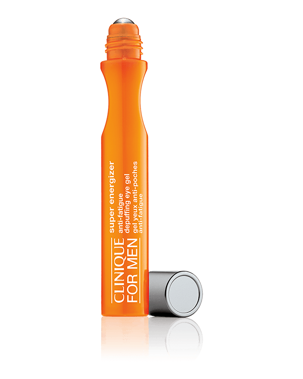 Clinique For Men Super Energizer™ Anti-Fatigue Depuffing Eye Gel, Cooling roll-on gel instantly re-energizes and brightens tired-looking eyes.