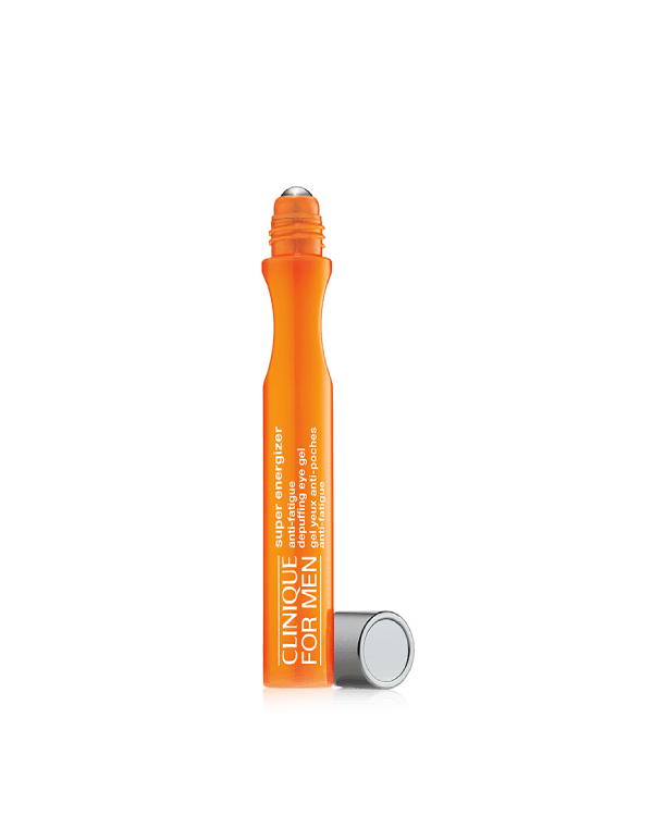 Gel yeux anti-poches et anti-fatigue Clinique For Men Super Energizer™, gel à bille rafraîchissant, revitalise et illumine instantanément les yeux fatigués.