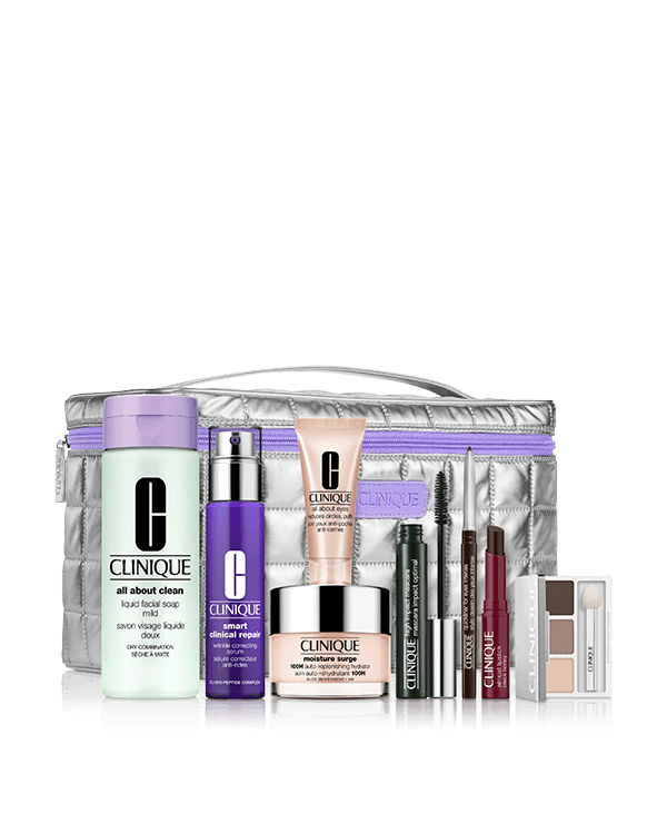 Best of Clinique Skincare + Makeup Set, A collection of Clinique’s most-loved skincare and makeup essentials in one set. $95 with any eligible purchase. A $368.00 value.