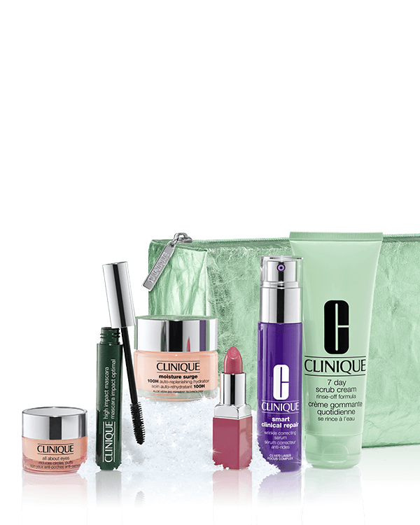 Best of Clinique Set, Six full-size skincare and makeup fan favorites. All in an exclusive holiday bag. A $298.00 value.