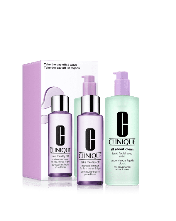 Take The Day Off Two Ways Set, Two big ways to come clean: Clinique’s bestselling makeup remover and liquid facial soap, both in jumbo sizes.