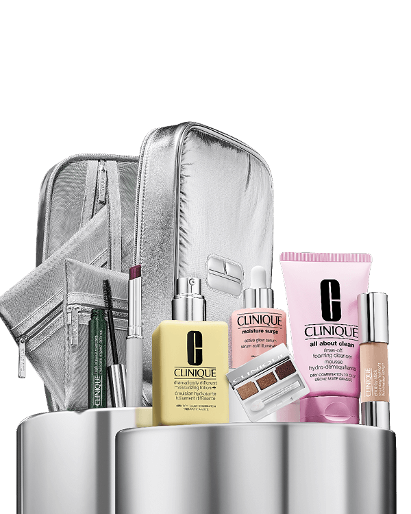 Glow On The Go: Skincare &amp; Makeup Set, 7 glow essentials in a 3-in-1 beauty bag, featuring Clinique’s most-loved makeup and skincare.