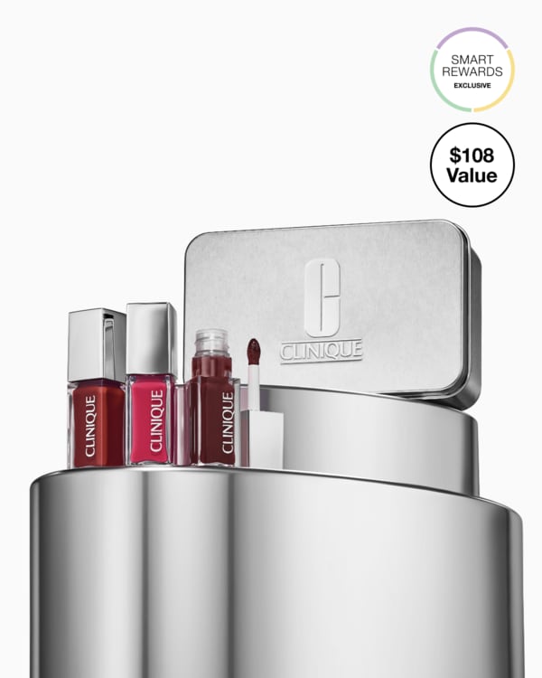 The Honey Lip + Cheek Oil Trio, A trio of our lip + cheek oil featuring all 3 Honey shades in a festive tin. A $108 value. Exclusively on Clinique.ca.